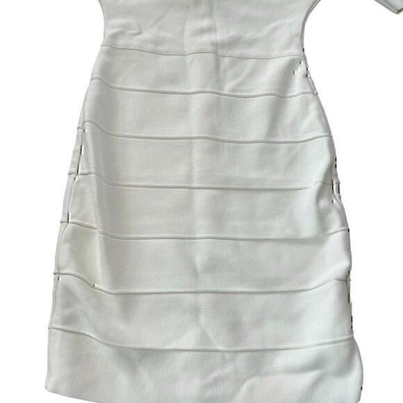 Herve Leger Paris Womens Dress XS White Short Sleeve Mock Neck Cut Out Rib Mini - Picture 5 of 12